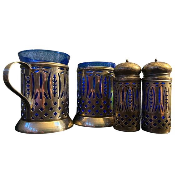 Cobalt Blue Glass Insert Silver Plated Shakers Sugar and Creamer Antique - Picture 1 of 6